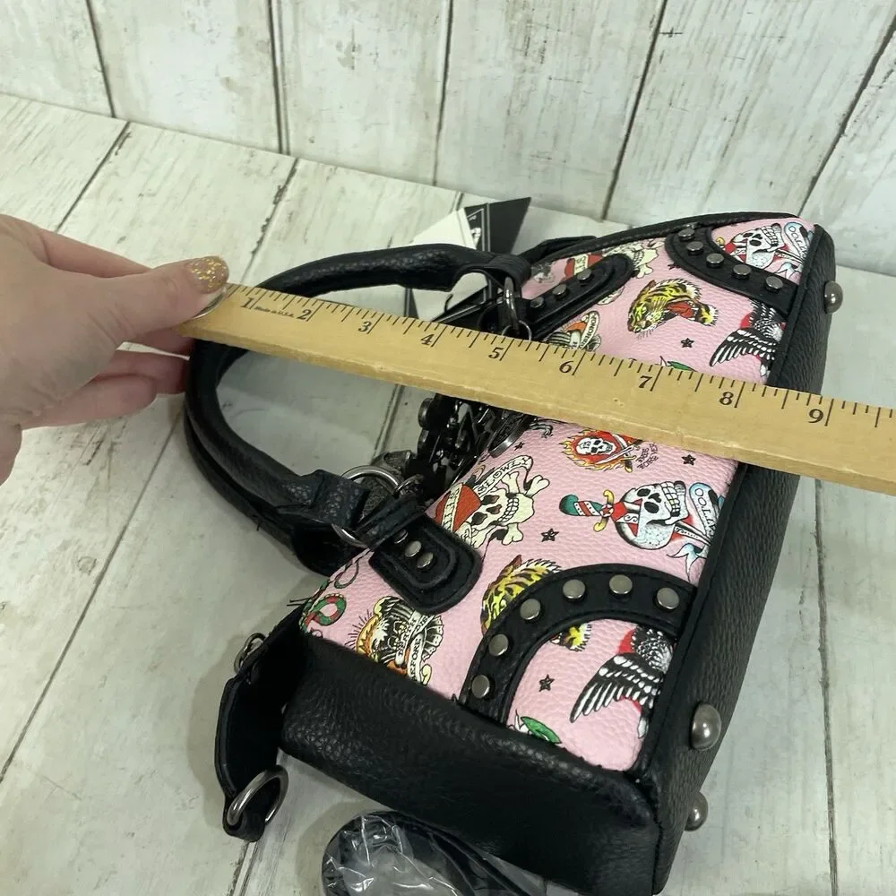 Ed Hardy Pink/Black Skull Tattoo Satchel Purse Studded Embroidered Zip Charm NWT